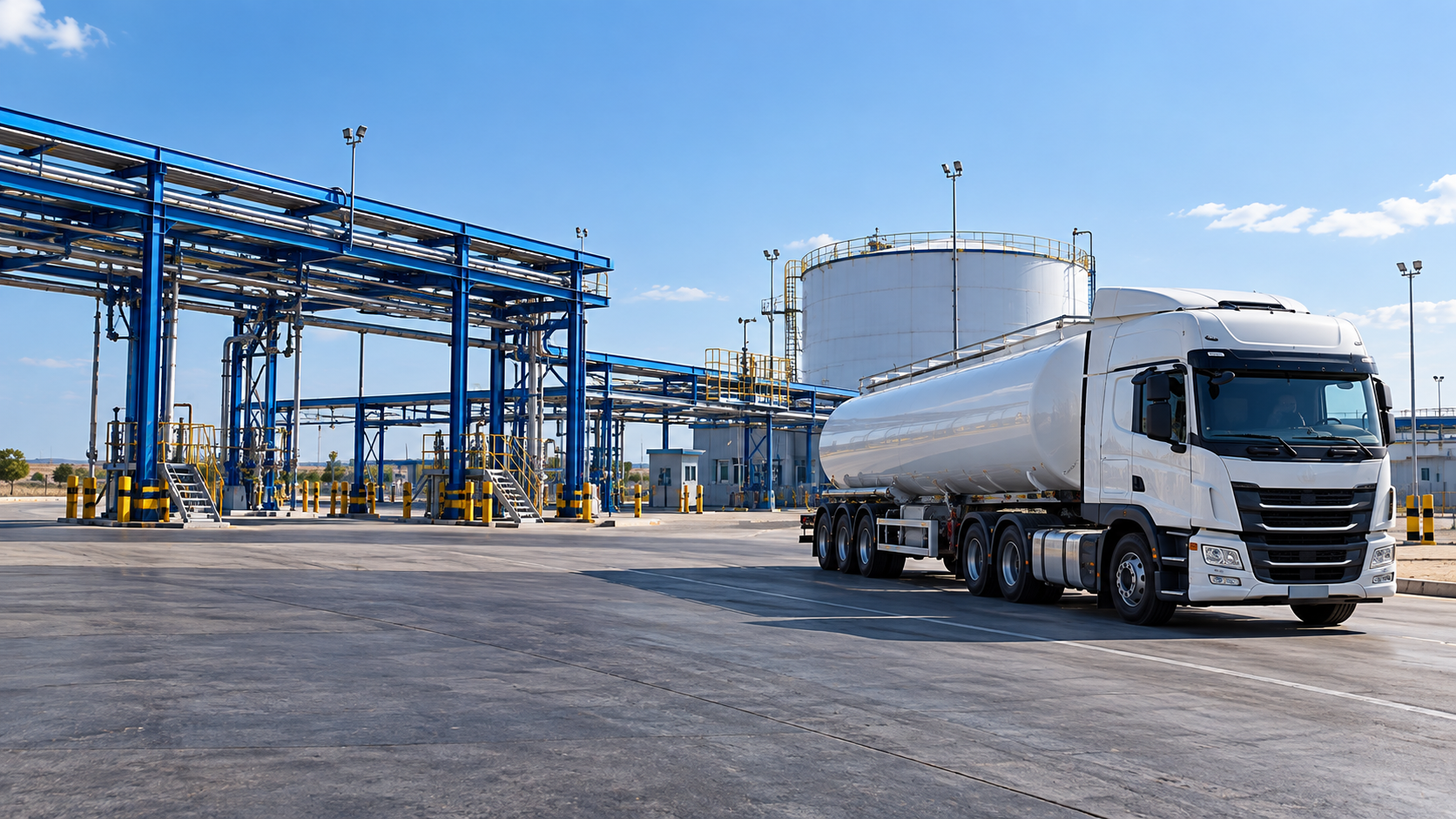 White fuel tanker beside blue loading gantries and petroleum storage tanks